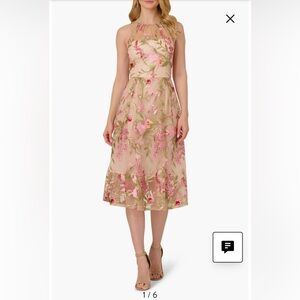 Adrianna Papell Pink and Tan Floral Embroidered Midi Dress